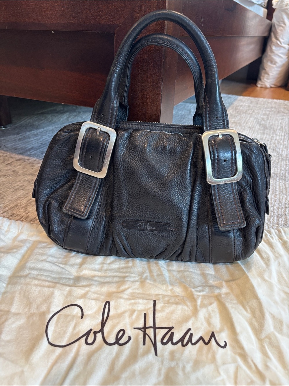 Cole Haan Black Pebbled Leather Double-Handle Satchel with Buckles